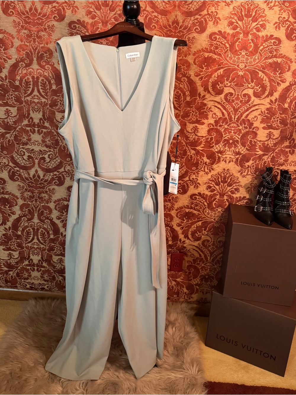Calvin Klein Light Mint Green Sleeveless V-Neck Jumpsuit with Tie Belt - Picture 1 of 5